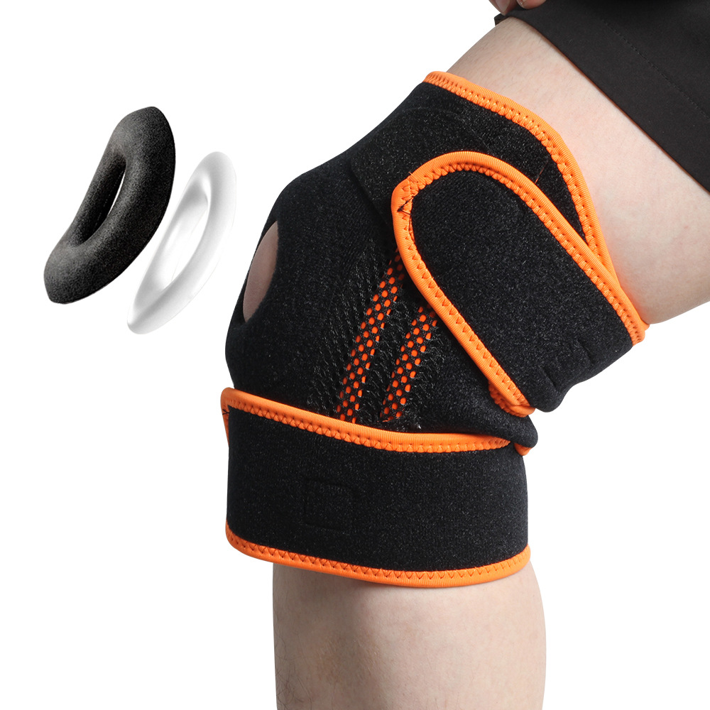 Sport knee support thin model with compression straps and silicone pads. Knee guard for running, basketball, hiking and cycling.