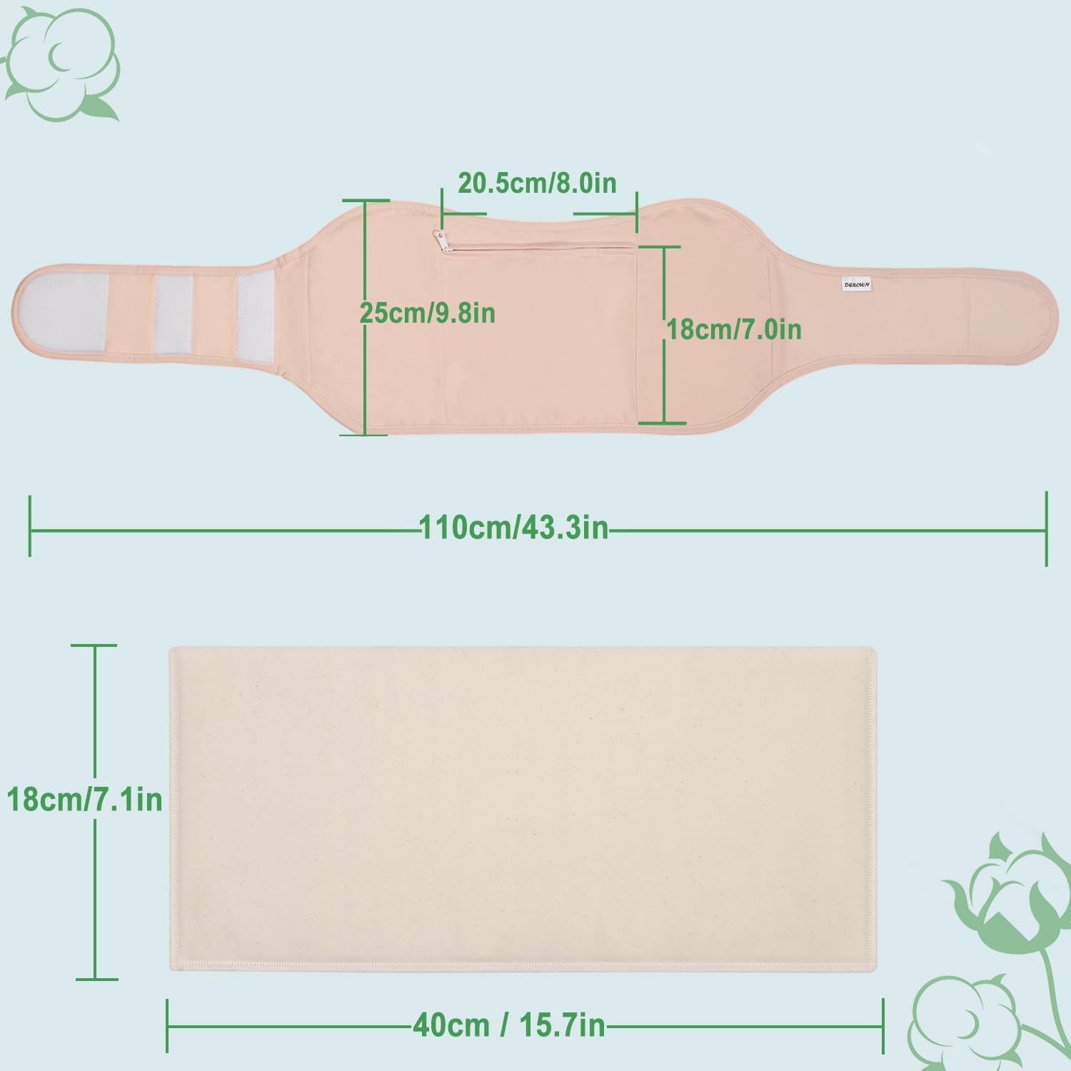 Reusable abdominal adjustable elastic band compression belt, made of cotton, machine washable, leak-proof, with castor oil care package