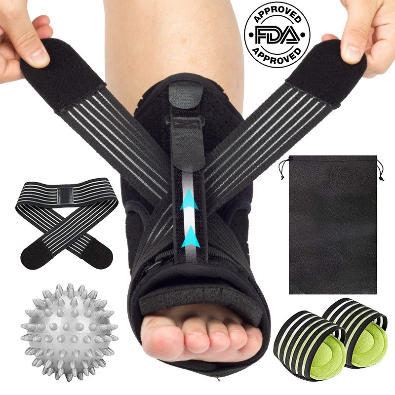 An ankle joint fixation splint and support device for correcting foot drop. It includes a foot sole tendon inversion and eversion support for day and night use.