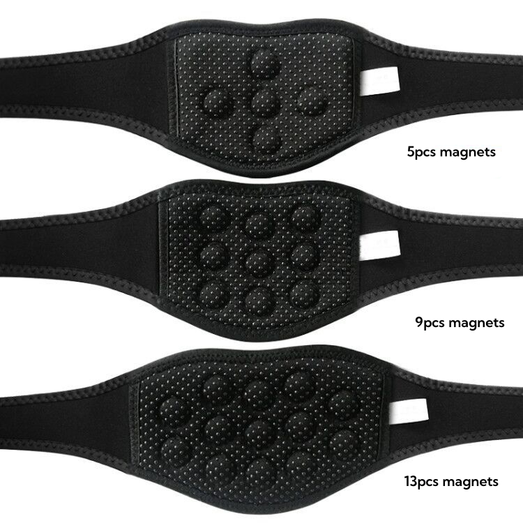 Self-heating neck support with heat-pressing magnets and convex-shaped neck protection strap for warming the cervical vertebrae and providing neck support.