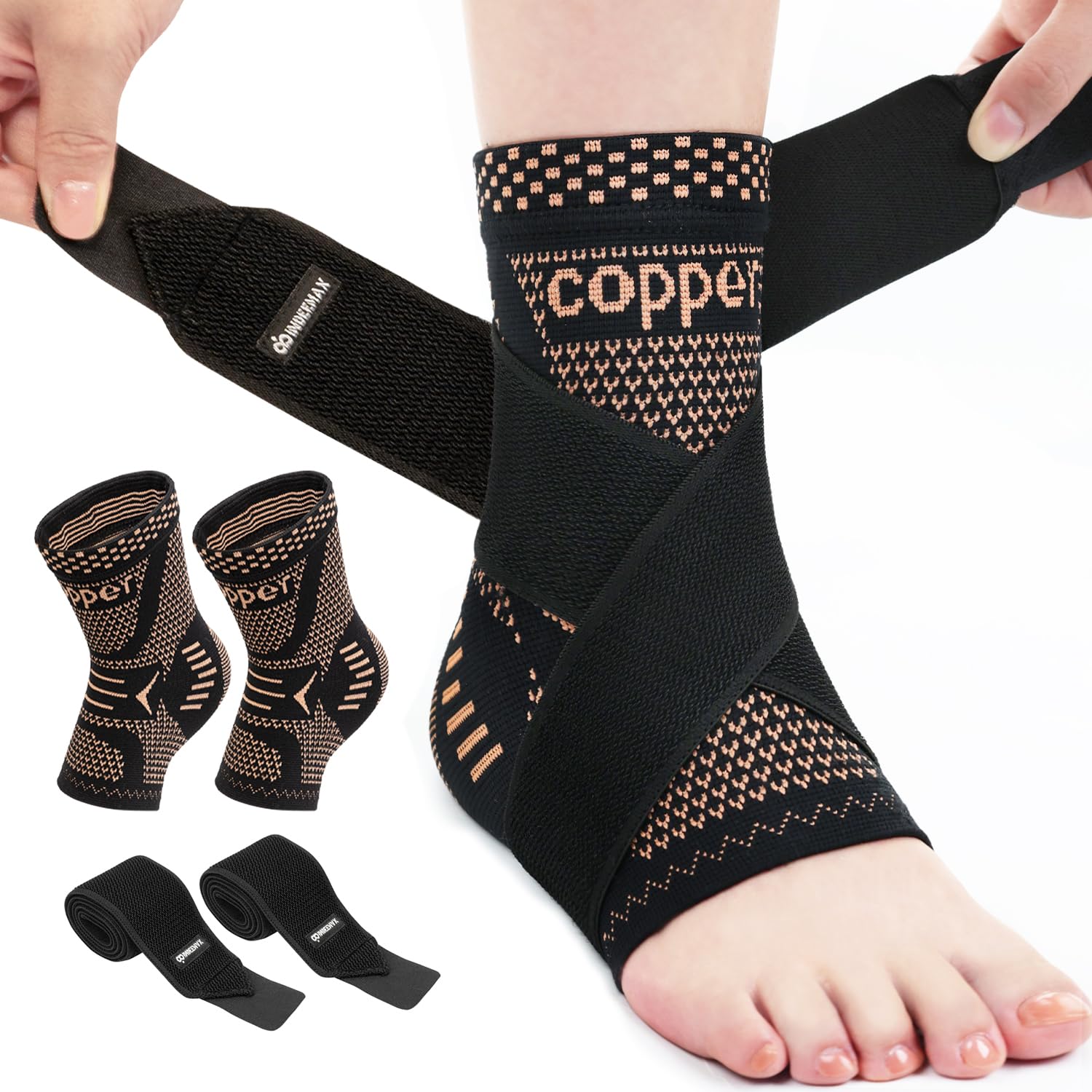 Copper Ankle Brace with Strap, Compression ankle support designed to stabilize the joint, relieve pain, and improve performance during sports and daily activities.